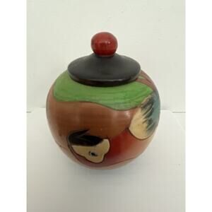 Vintage Wooden Jar With Lid Handmade And Painted Macaw